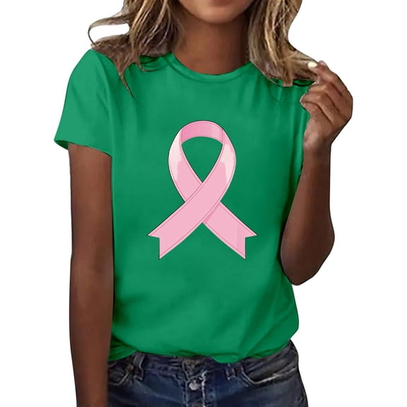 NJGRAE Petite Women Solid Color T-Shirts Women's Casual T Shirts with Cancer Awareness Ribbon Print Short Sleeve Round Neck Basic Style for Everyday Wear Womens Basic Tshirts S