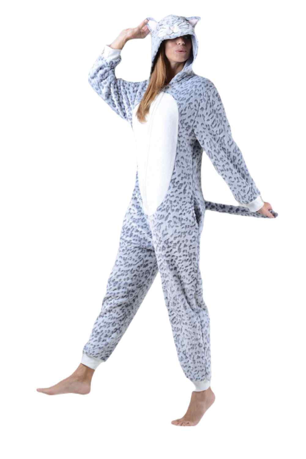Women's Plush Animal Onesie Pajama, Grey Leopard, ML