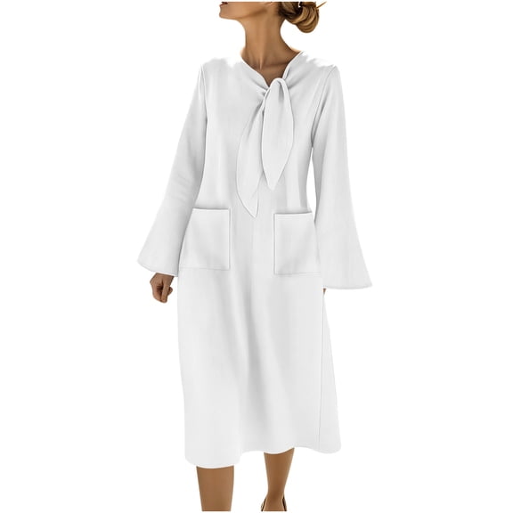 Babcutegg Womens Dresses Neck A Line Long Length High Waist Cotton Linen Female Outwear White Size S