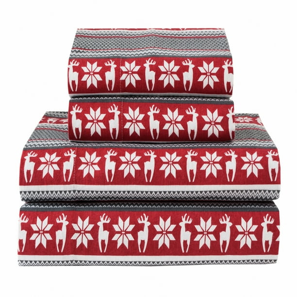 Elite Home Products, Winter Nights Cotton Flannel Sheet Set, DeerRed
