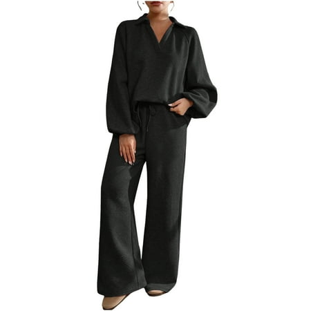 Women s Knitted Sweater 2 Piece Sets Loose Casual Lounge Tracksuit Lapel V Neck Top and Sweatpant Pants Outfits (M Black)