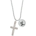 thumbnail image 1 of Delight Jewelry Stainless Steel Joshua 1:9 - Be Strong and Courageous Engraved Cross - Silvertone Script Initial Disc - L - Charm Necklace, 20"+3", 1 of 4