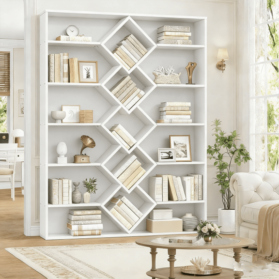 Frmobepts Triple Row 6-tier Bookshelf, 71 in Tall Bookshelf with 17 Open Display Shelves, Large Bookcase for Office Living Room, White