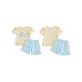 thumbnail image 2 of BemeyourBBs Toddler Baby Girl Summer Clothes 2 Pieces Outfits Whale Embroidered Short Sleeve Round Neck T-Shirt Plaid Print Ruffled Shorts Set, 2 of 9