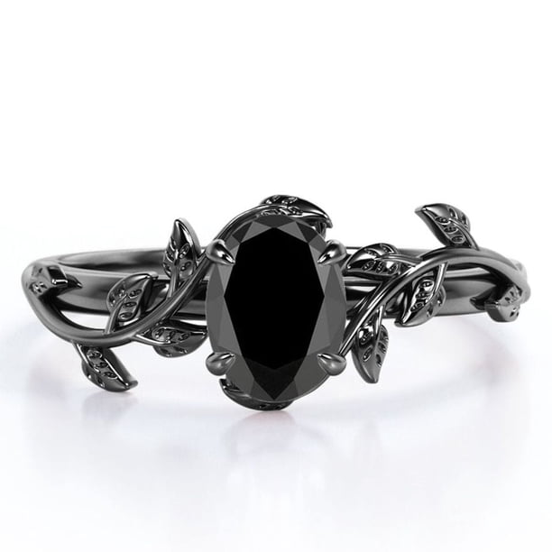 JeenMata Inspirado en la Naturaleza: Diamante Negro Ovalado de 1,3 Quilates Creado en Laboratorio, Anillo de Compromiso con Engaste de Cuatro Puntas, Baño de Oro Negro de 18 K sobre Plata