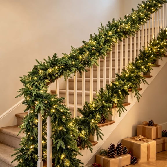 Lighted Christmas Pine Garland, Artificial Norfolk Leaves and Mixed Evergreen Sprigs with Soft Rubber Texture, Holiday Decor for Fireplace/Mantel/Table/Staircase, Indoor Holiday Display, Green-L