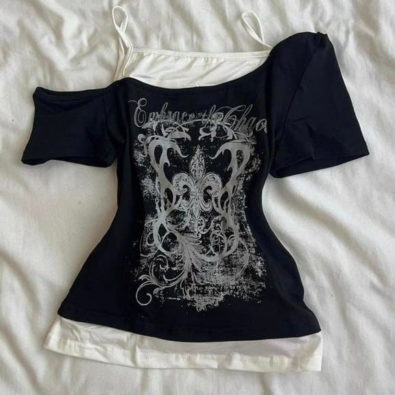 Y2k Emo Women Vintage Harajuku Short Sleeve Acubi Grunge T-shirts Graphic Fake Two-piece Tshirt Goth Oversize Tops Alt Clothes