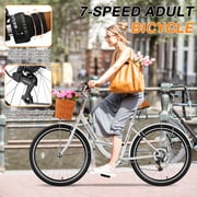 Lilypelle 24/26inch Beach Cruiser Bicycle for Women, 7 Speed Step Through Adult Commute Bike with Basket & Rack,White
