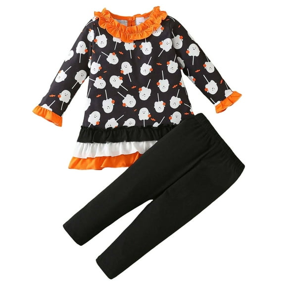 DXOUPM Girls 2 Piece Outfits Loose Outfits Baby Girl Clothes Girls Halloween Set with Printed Lace Sleeves Pullovers Pants Two Piece Set Fashionable Outfit Black 4Y