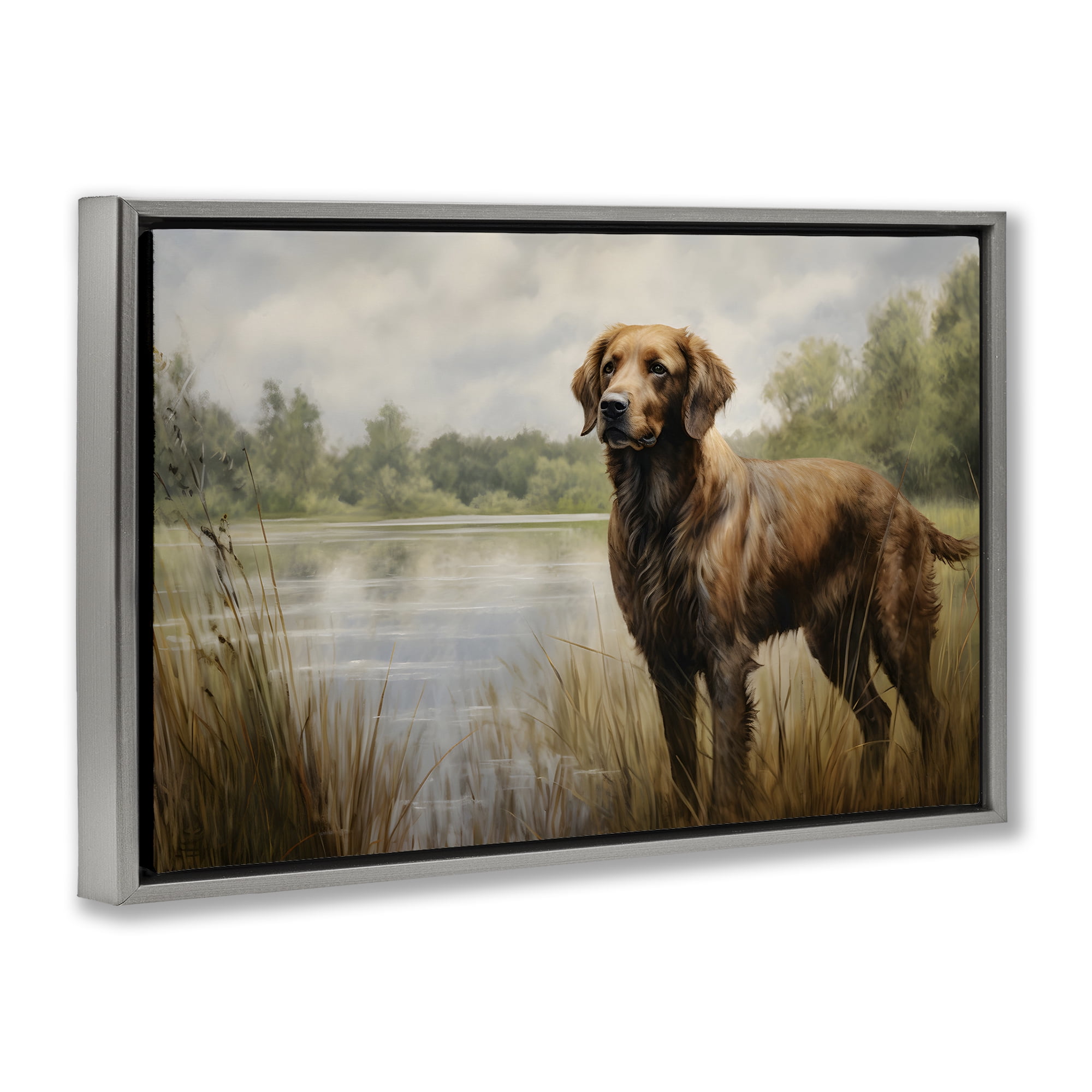 Stupell Industries Retriever Dog & Pond Landscape Painting Gray Floater Framed Canvas Art Print Wall Art, 31 x 21