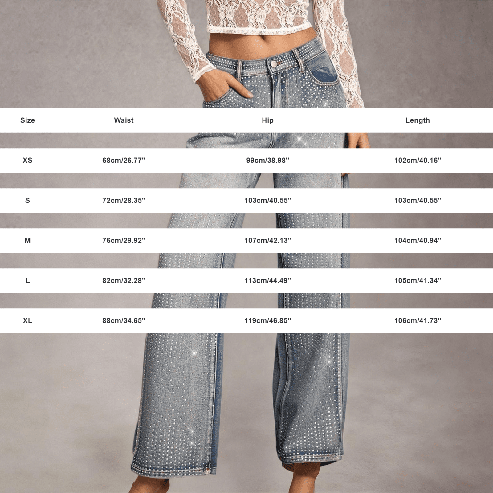 iHPH7 Women's Rhinestone Jeans Baggy High Waisted Y2k Straight Wide Leg Sparkly Glitter Bling Denim Pants Trousers Blue L