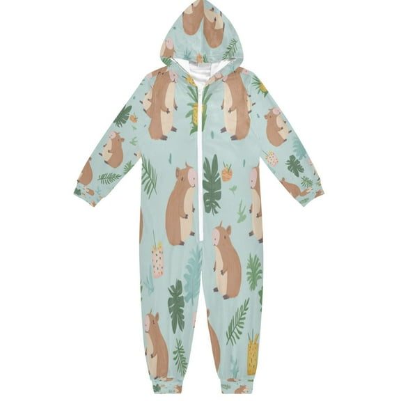 Soft Big Kids Onesie Pajamas Cozy Loose-Fit Jumpsuits for kids with Pockets for Christmas Lounge & Play Capybaras in Playful Poses