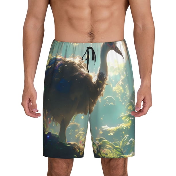 Balery Majestic Ostrich In Forest Pantalones cortos de pijama de punto de algodón para hombre con cinturilla y bolsillos-Large