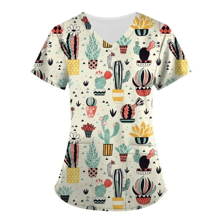 

ELFINDEA Animals Printed Pocket Scrubs Blouses for Women V Neck Short Sleeve Womens Tops