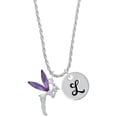 thumbnail image 1 of Delight Jewelry Silvertone Large Fairy with Purple Wings Silvertone Script Initial Disc - L - Charm Necklace, 20"+3", 1 of 4