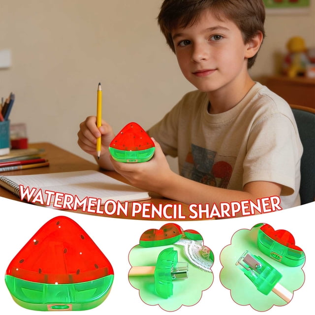 ZZkhGO Watermelon Pencil Sharpener, Fruit Shaped Sharpener, Compact Classroom Pencil Sharpener with Carbon Steel Blade, Built-In Shaving Collector for Desk Organizer