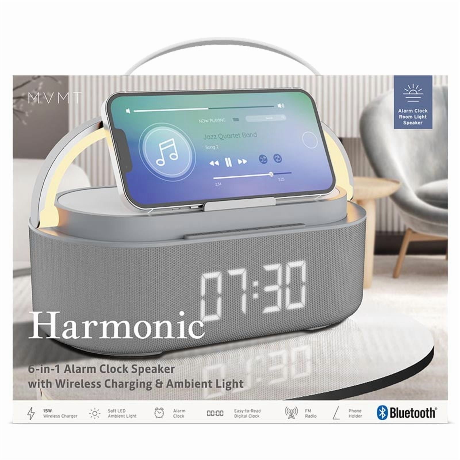 MVMT Harmonic 6-in-1 Portable Bluetooth Speaker with 15W Wireless Charging, Ambient Light, Alarm Clock, FM Radio & Phone Holder