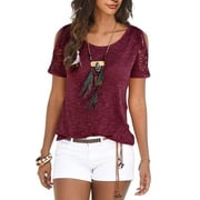 Women Short Sleeve Lace Round Neck Solid Color Tops