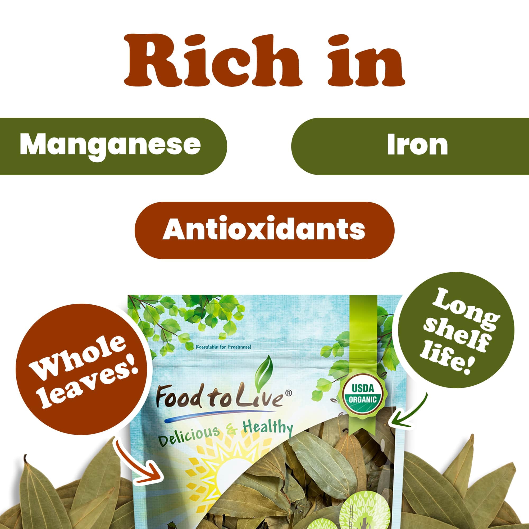 Organic Whole Indian Bay Leaves, 12 Ounces — Non-GMO, Raw, Vegan, Kosher — by Food to Live