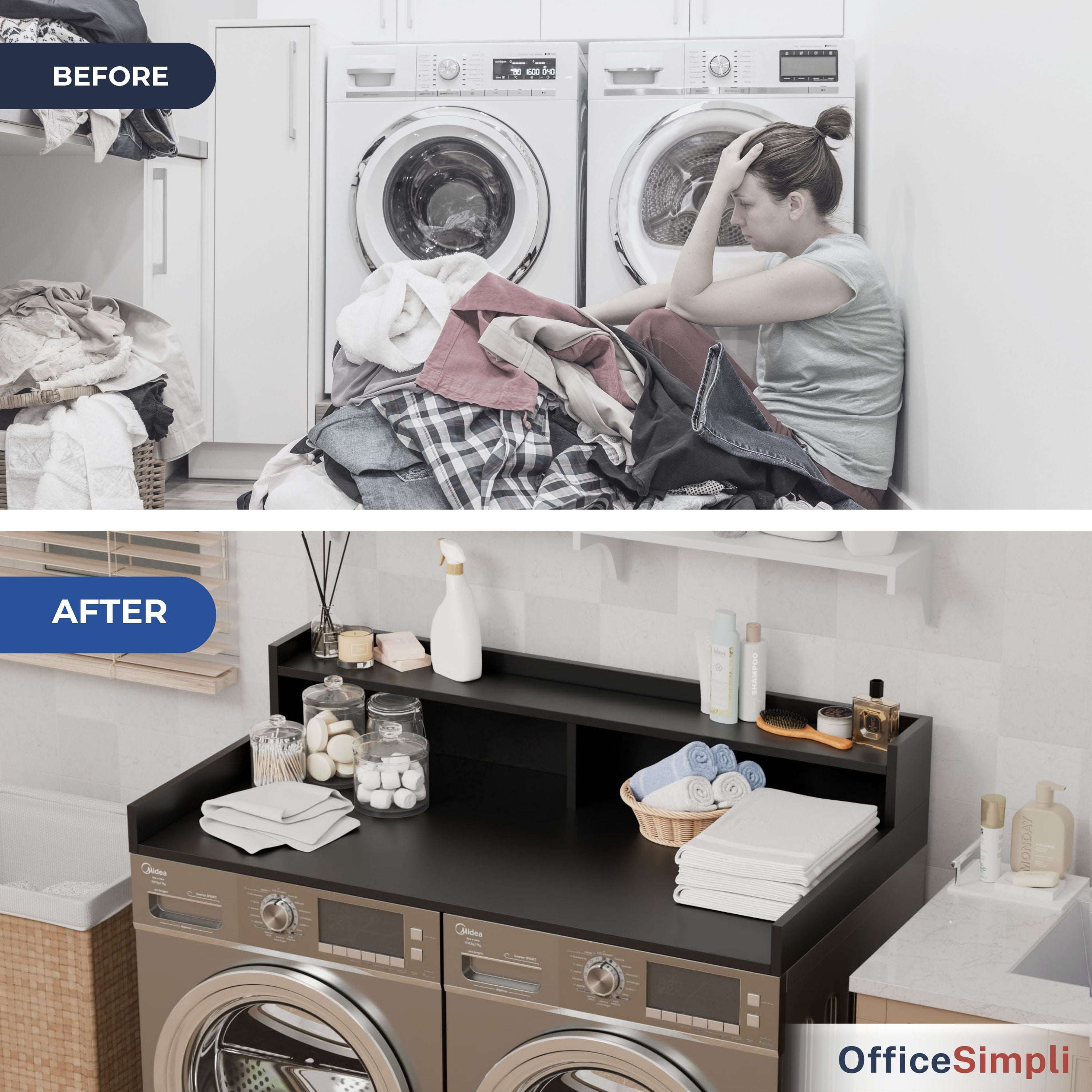 OfficeSimpli Large Washer Dryer Countertop with Shelf - 30 x 58 Inch - Made in USA Laundry Countertop Over Washer and Dryer with Non-Slip Pads, Storage Shelf, Laundry Topper Organizer, Black