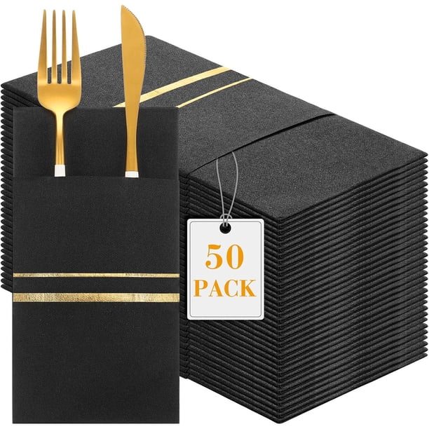 Servilletas de Cena Desechables con Tacto de Lino con Bolsillo para Cubiertos Incorporado Servilletas Predobladas Forradas con Ribete Dorado Servilletas de Tela como Papel (Negro, Oro)