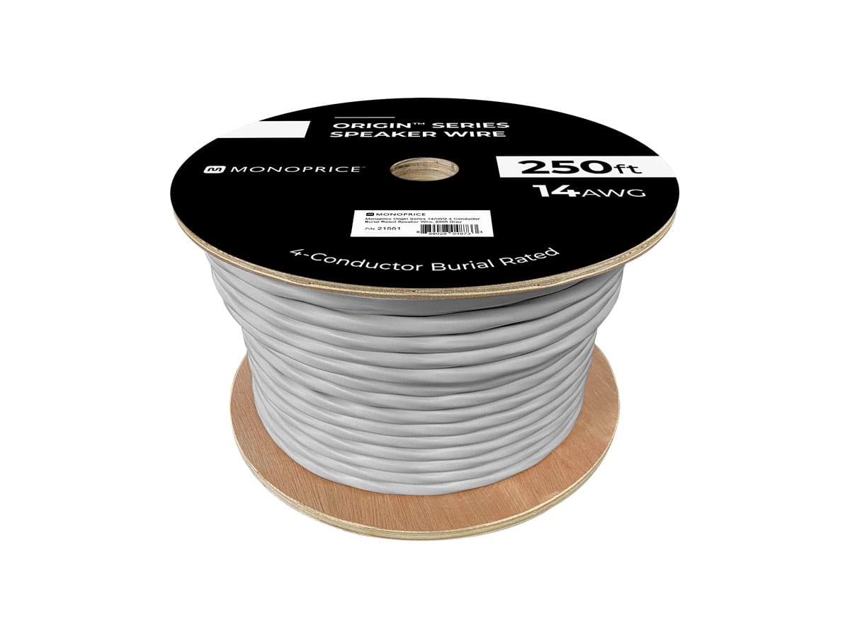 Monoprice Speaker Wire, Burial Rated, 4-Conductor, 14AWG, 250ft, Gray