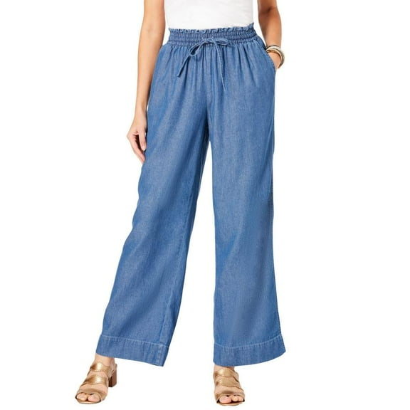 Patlollav Womens Faux Denim Pants Loose Drawstring Elastic Waist Casual Wide Leg Trousers with Pockets