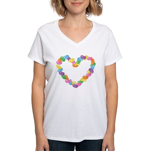 CafePress - Jellybeanheart Women's V Neck T Shirt - Womens Cotton V-Neck T-shirt