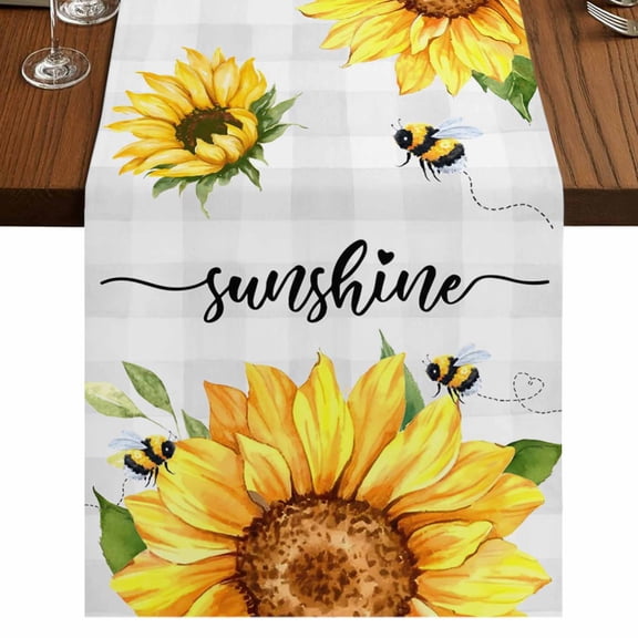 Sunflowers Bees 36 Inch Table Runner, Grey Check Sunshine Watercolor Floral Farmhouse Dresser Scarf Cotton & Linen Tablerunner for Dining/Kitchen Island/Holiday Party Décor Small 13" x 36"