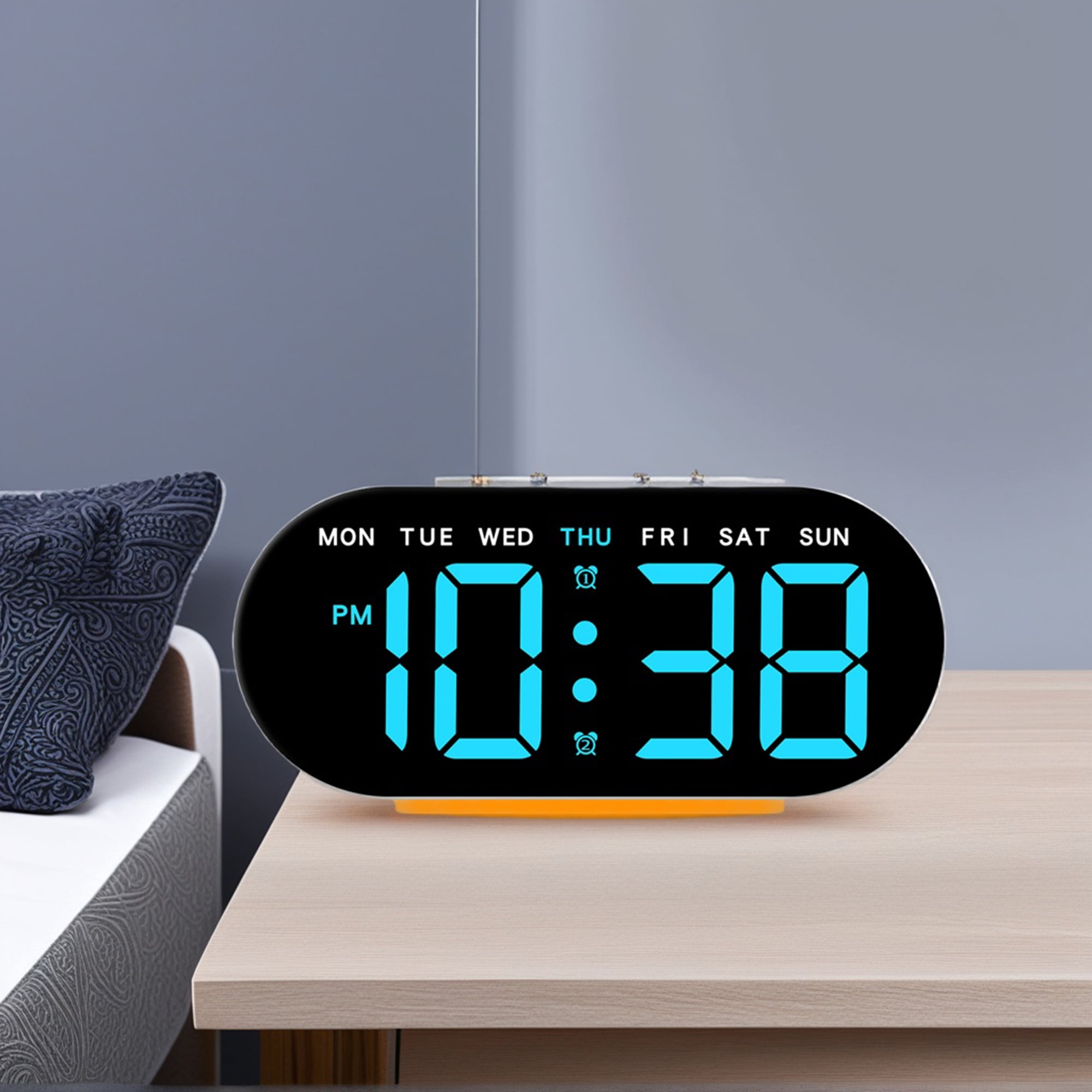 Unique Bargains 2 Pcs Oval Digital Alarm Clock Bedroom Black Blue/White Blue