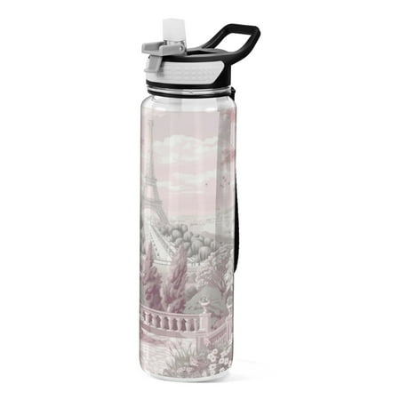 

Sports Water Bottle 1000ML Tritan Food Grade Clear Water Bottle Fitness Outdoor Sports Bike Pink Flowers and The Eiffel Tower