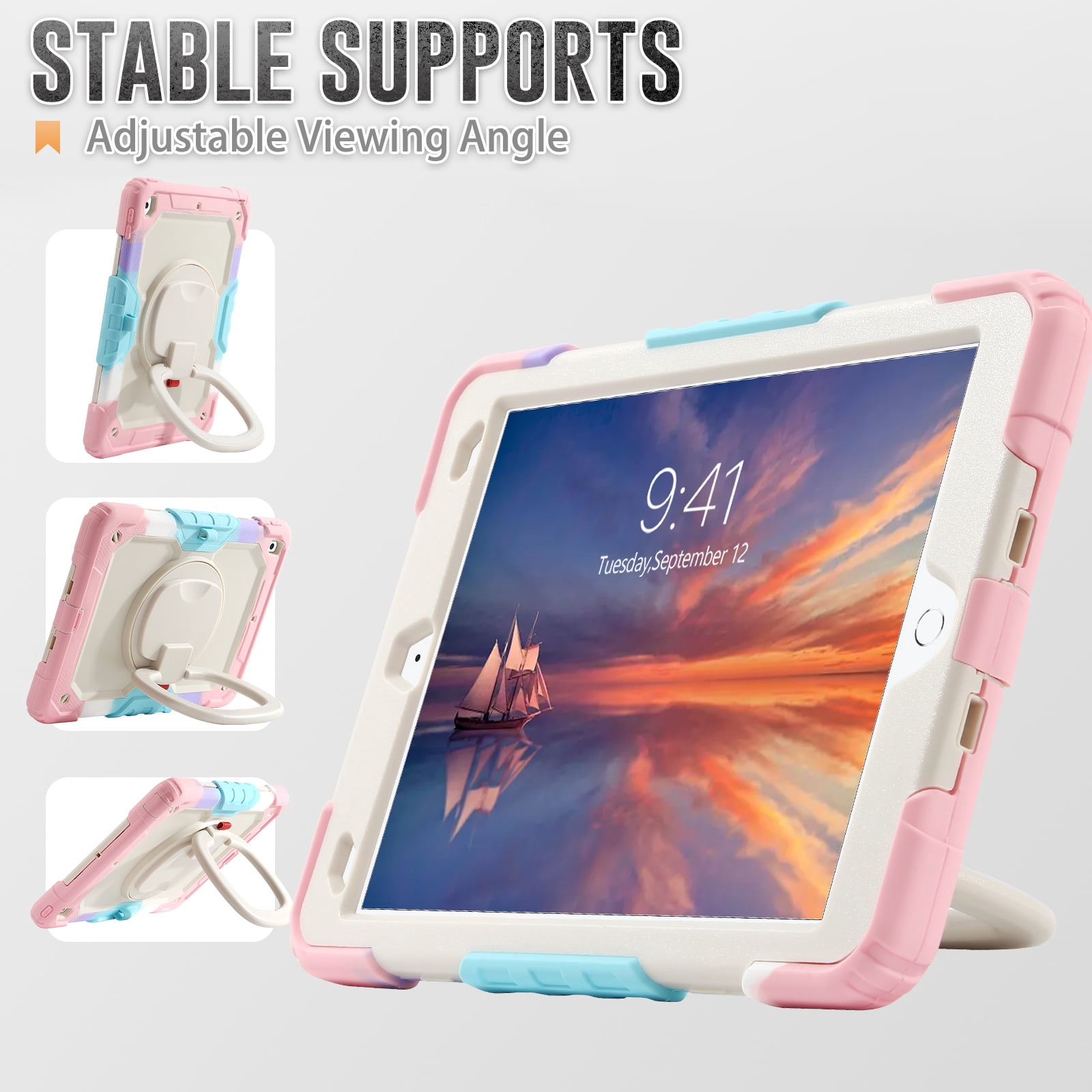 DOMAVER Case for iPad 9th/8th/7th Generation (iPad 10.2 inch, 2021/2020/2019), Heavy Duty Rugged Cover for Kids with Screen Protector, Pencil Holder, Rotating Stand/Handle, Rainbow Pink