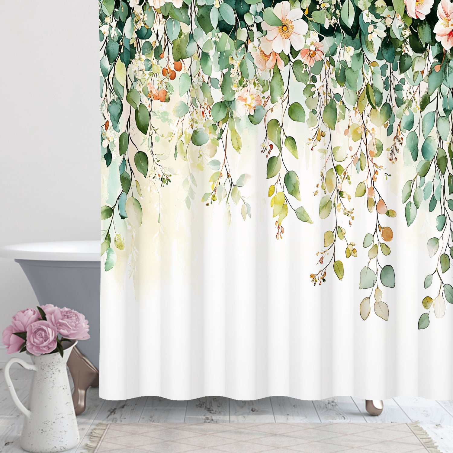 MIZHONA Green Leaves Shower Curtain,NaturePink Flower Bathroom Shower Curtain with Hooks,72Wx78L