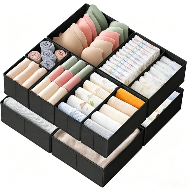 Juego de Organizadores para Cajones, Separadores Plegables para Armarios para Organizar Ropa Interior, Calcetines, Corbatas, Bufandas y Más (Negro)