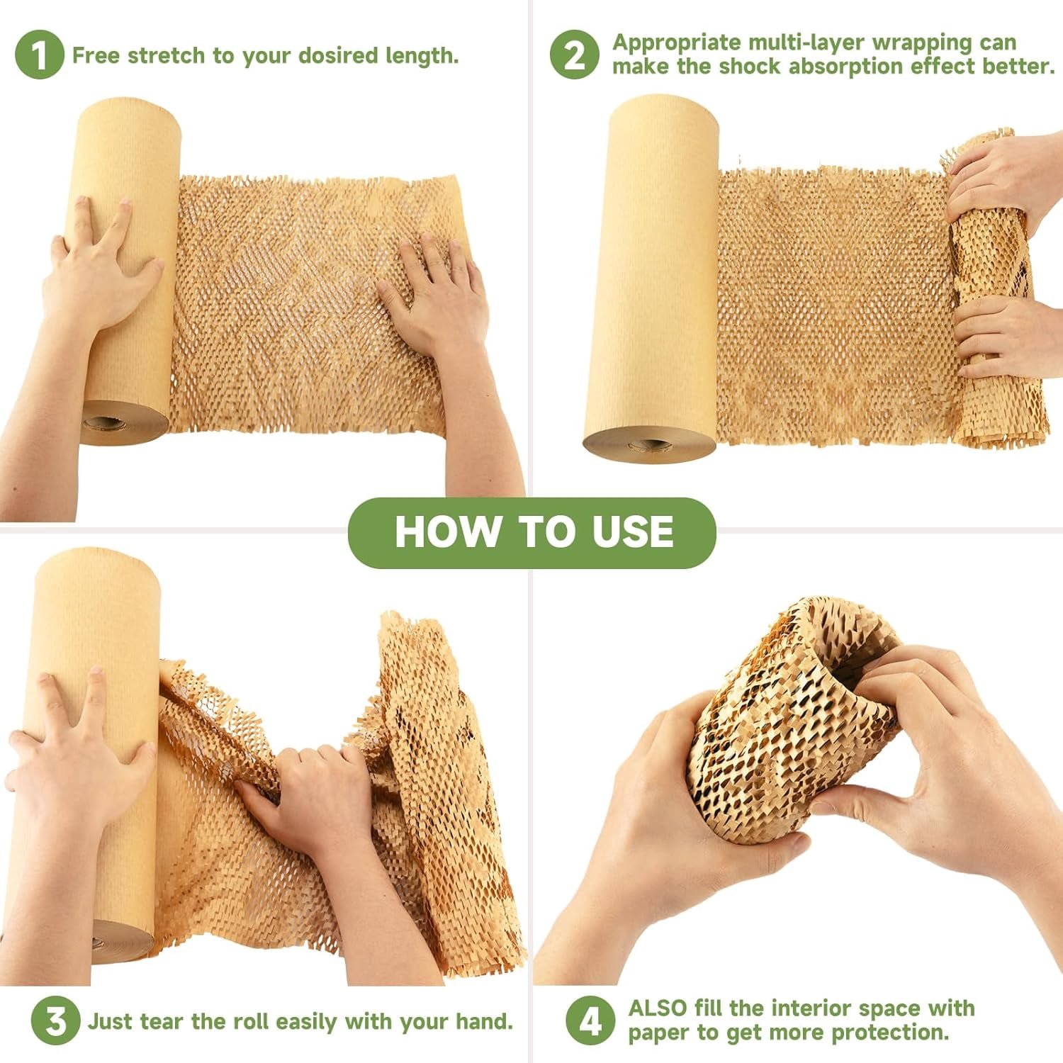 Honeycomb Packing Paper Wrap 15''x328', Substitute Alternative for Bubble Cushioning Moving Shipping Packaging, Recyclable Supplies with 48 Fragile Sticker Labels
