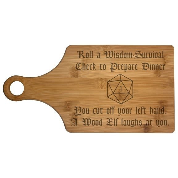 PrecisionNC DnD Gifts Wisdom Check Crit Fail Funny Result Engraved Paddle Shaped Natural Wood Cutting Board Dungeons Dragons Bamboo