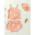 thumbnail image 4 of Arvbitana Baby Girls Knitted Shorts Set Sleeveless Sling Vest + Floral Shorts + Bow Headband Summer Casual Princess Playwear 3Pcs 0-24M, 4 of 9