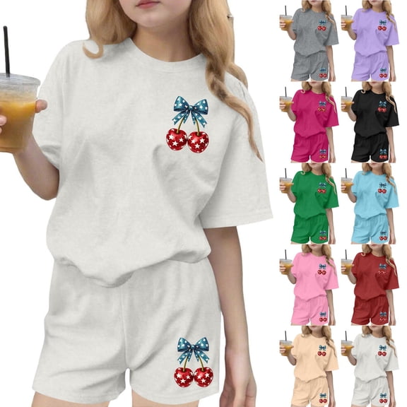 Stamzod Girls Summer Clothes Casual Short Sleeve T-Shirt & Short Set 4Th Of July 2 Piece Outfits Green 14-15Years