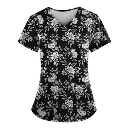 

TKing Fashion Women Plus Size Scrubs Top V-Neck Short Sleeve Leopard Print Pockets Work Blouse for Women White 4XL