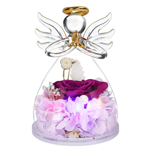 Figuras de ángel con flores preservadas, rosas en cristal, incrustadas