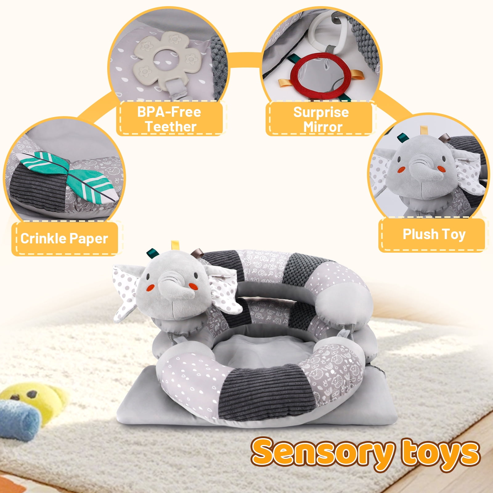 Blublu Park 3-in-1 Baby Sit Me Up Floor Seat, Detachable Pillow Tummy Time Mat Anti-Reflux Lounger, Grey