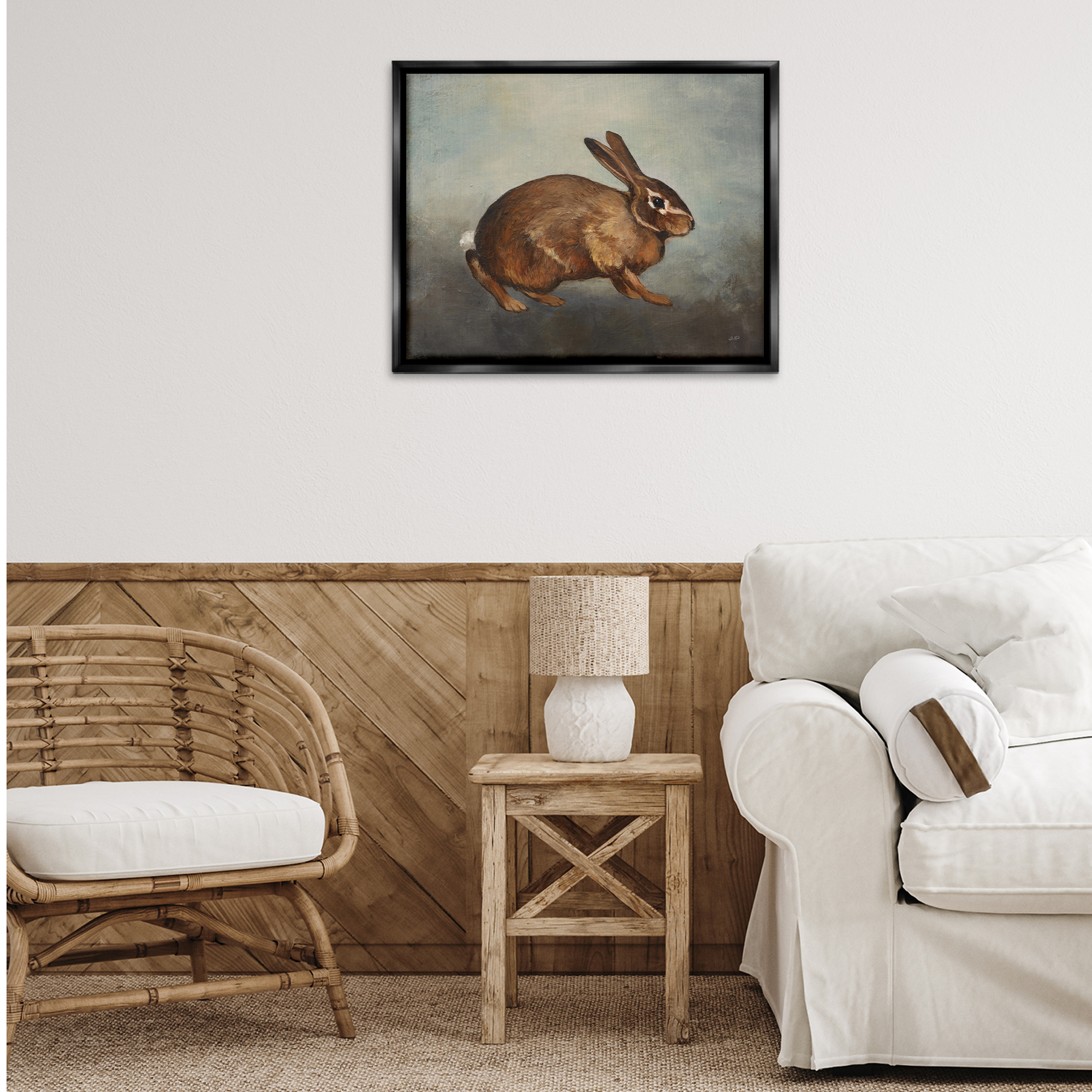 Stupell Industries Brown Rabbit on Grey Animals & Insects Painting Black Floater Framed Canvas Art Print Wall Art, 31 x 25