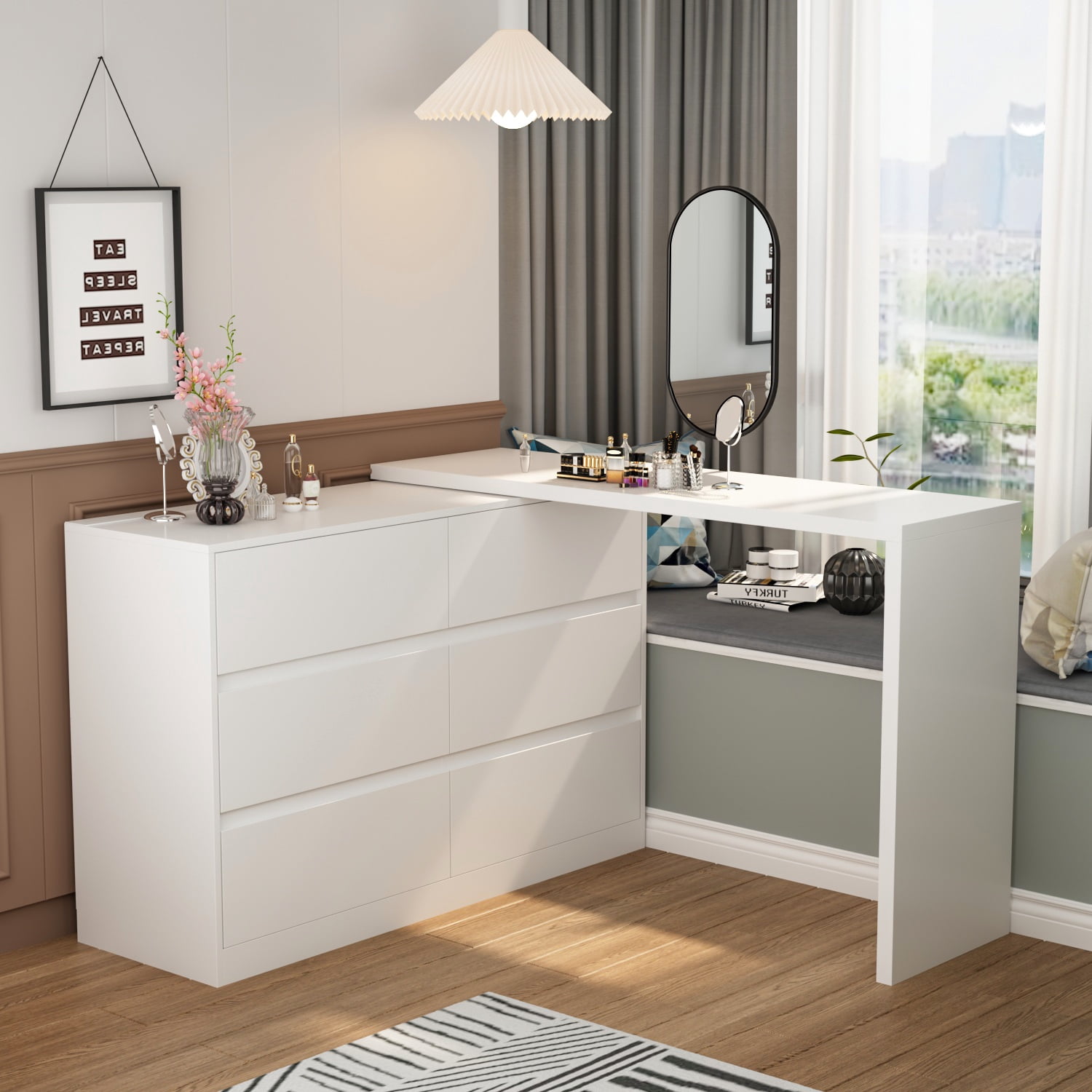 MONSLIPA Rotating White Drawer Dresser, Storage Cabinet with 6 Drawer for Home Office Bedroom