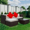 thumbnail image 3 of Rattan Wicker Sectional Sofa Set, 3 Piece Outdoor Patio Furniture Sets, 3-Seating Sofa, 1 Footstool & Coffee Table, Patio Conversation Sets for Backyard Lawn Bistro Garden, Gream Cushions, W10956, 3 of 11
