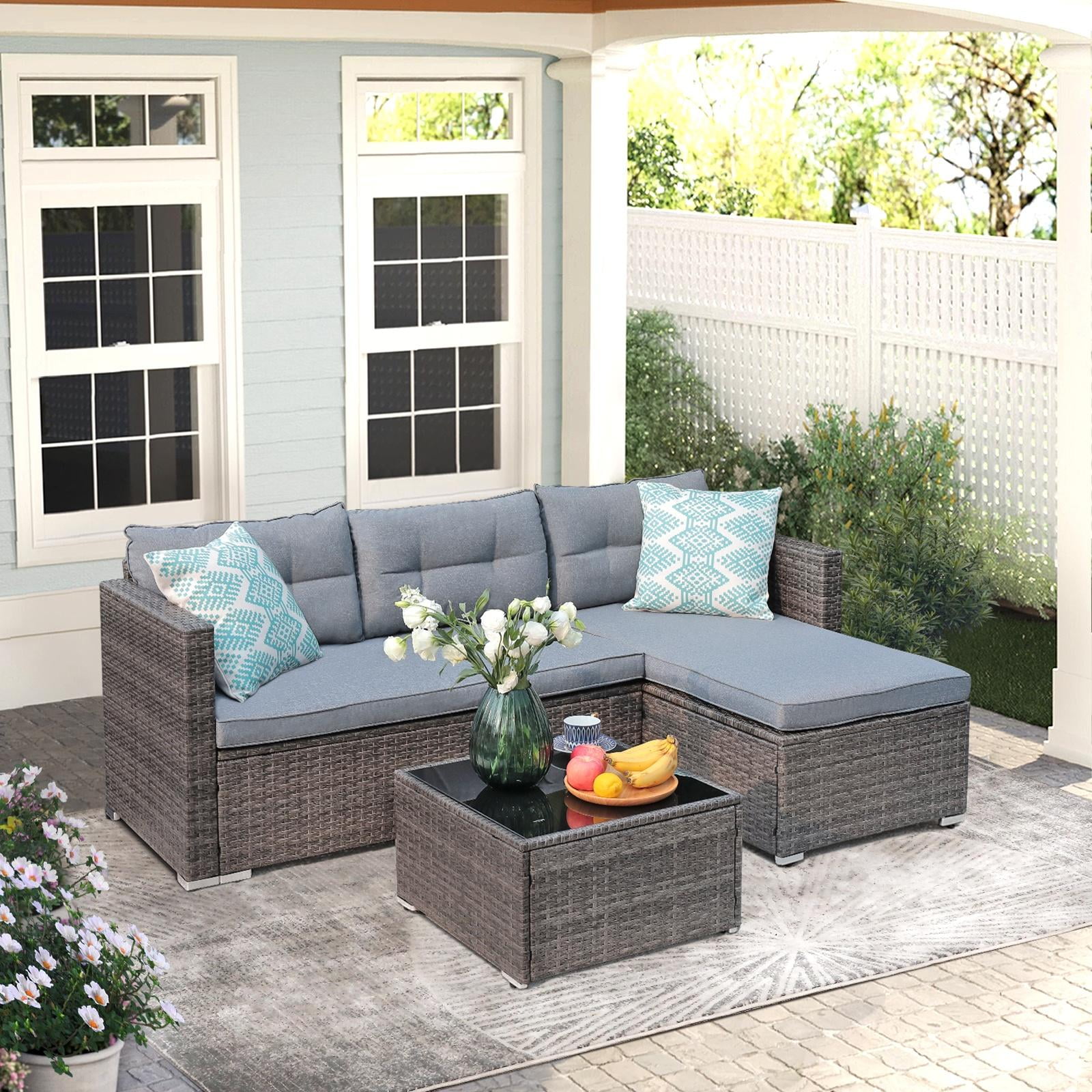 JOIVI 3 Pieces Patio Conversation Set, PE Wicker Rattan Outdoor Furniture Set, 2 Ways Small Sectional Sofa, Tempered Glass Coffee Table, Silver-Gray