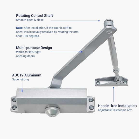 Door Closer (Silver) - Automatic Door Closer Residential - Adjustable Grade 3 Size Spring - UL Listed ADA Hydraulic Door Closers Certified