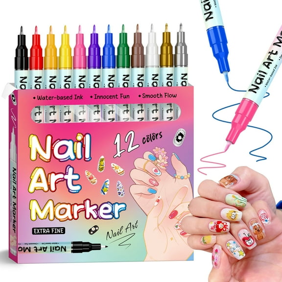 12 Colors Nail Art Pens Set - 0.5 MM Nail Polish Pens Set Drawing Painting Point Liner Acrylic Painted Pen Kit, Waterproof and Quick-drying Nail for DIY Nail Design, Home & Salon Manicure Tools
