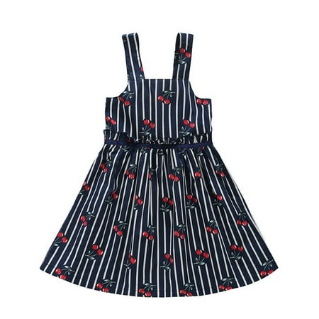 - BOBORA Toddler Kids Baby Girls Stripe Princess Dress Summer Cherry Sling Skirts Pageant Party Casual XS-L