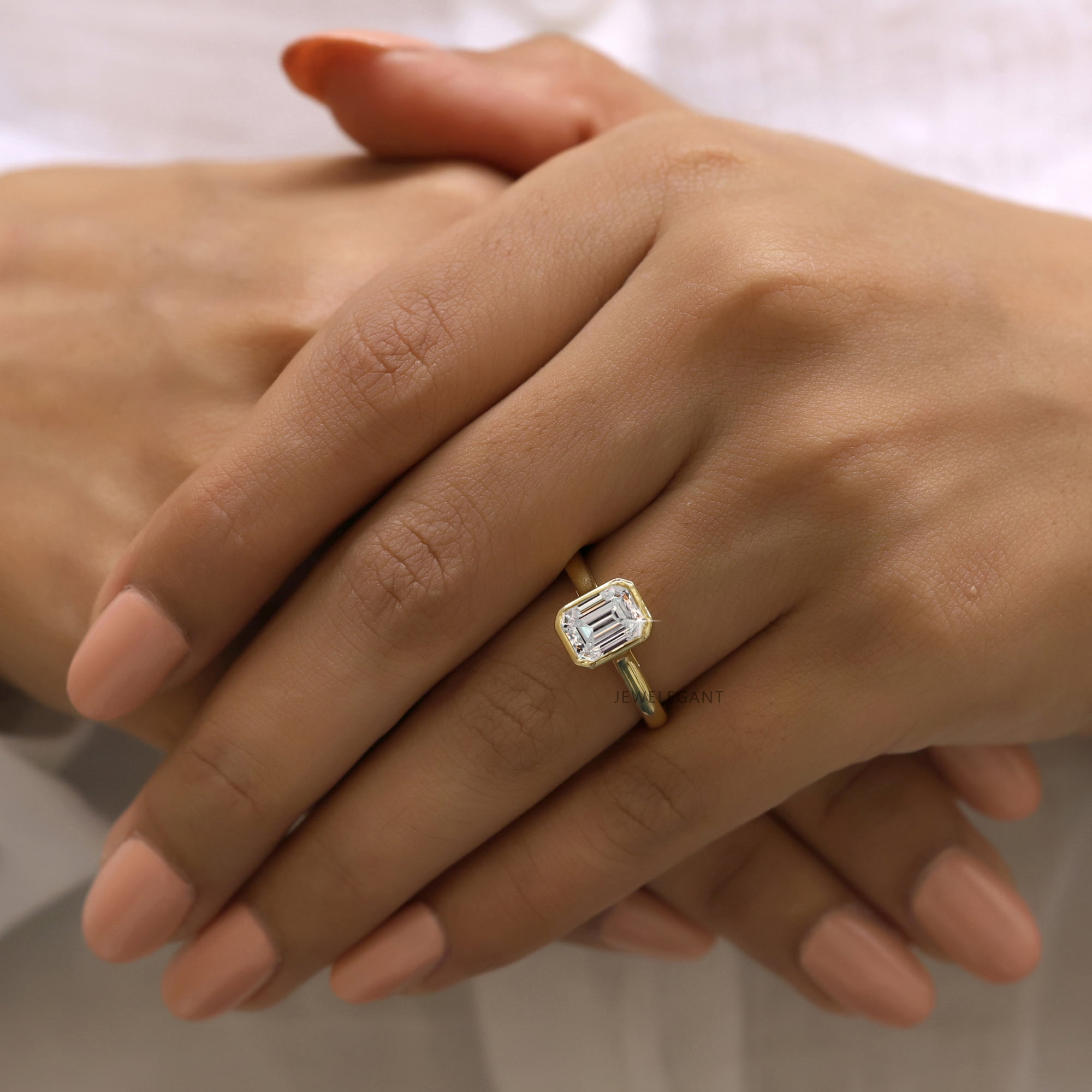 JEWELEGANT 2 Ct Emerald Cut Moissanite Engagement Ring, Bezel Set Solitaire Wedding Ring for Women