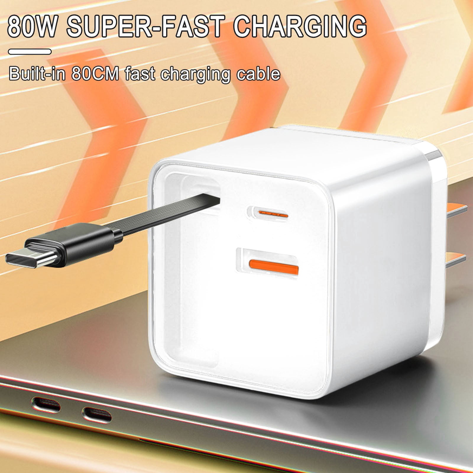 JoyHoop 80W Retractable Wall Charger with Built-in USB-C Cable, 3-in-1 Fast Charging for Laptops and Phones, White